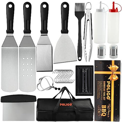 POLIGO 25PCS Flat Top Griddle Accessories Kit - Essential Kit for Indoor and Outdoor Teppanyaki with Griddle Spatula, Chopper, Tongs, Cleaning Brush, Storage Bag - Ideal Griddle Set Gift for Men
