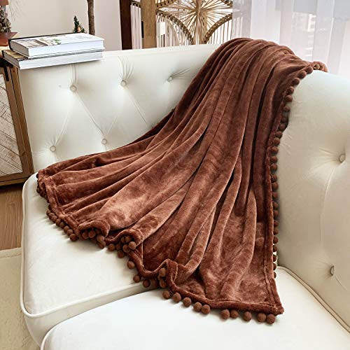 LOMAO Flannel Blanket with Pompom Fringe Lightweight Cozy Bed Blanket Soft Throw Blanket fit Couch Sofa Suitable for All Season (Brown, 51''x 63'')