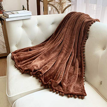 LOMAO Flannel Blanket with Pompom Fringe Lightweight Cozy Bed Blanket Soft Throw Blanket fit Couch Sofa Suitable for All Season (Brown, 51''x 63'')