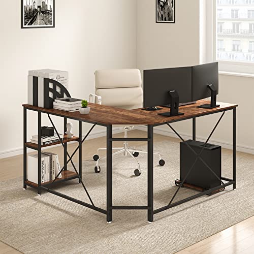 VEVOR Corner 3 Work Gaming Desk with Storage Shelves & CPU Stand, 54 inch, Rustic Brown