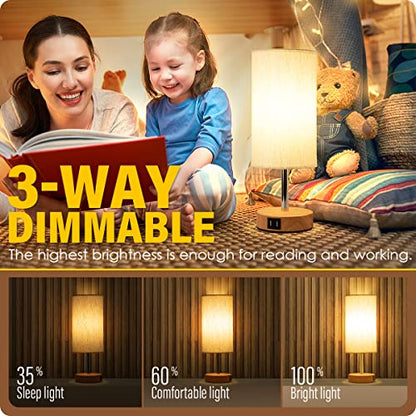 Yarra-Decor Bedside Lamp with USB Port - Touch Control Table Lamp for Bedroom Wood 3 Way Dimmable Nightstand Lamp with Round Flaxen Fabric Shade for Living Room, Dorm, Home Office (LED Bulb Included)