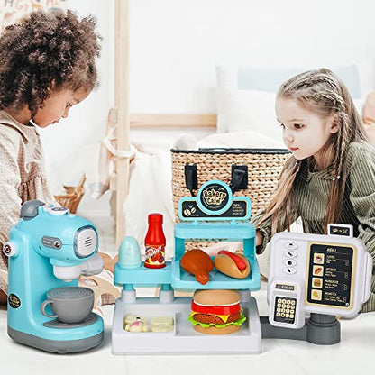 YWTC Junior Kids Maker Coffee Play Set and Donuts, for Girls and Boys Toddlers Real Mini Barista Shop With Cash Register for Kids