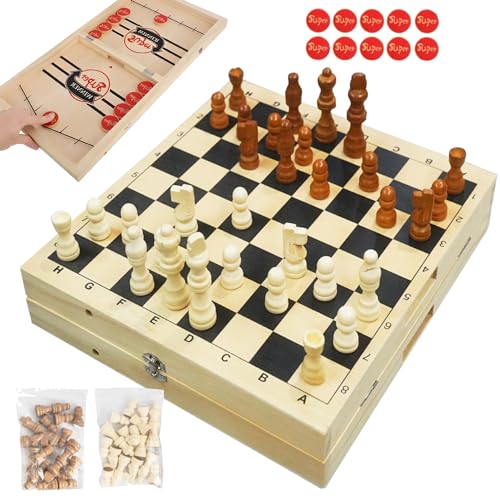 NEROSUN Foldable Chess Set, Handmade Portable Travel Chess Game 2 in 1 Fast Sling Puck Hockey Curling Table Game, Beginner Chess Toys Set for Kids Family