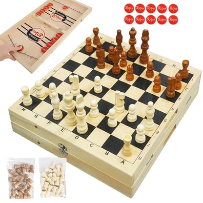 NEROSUN Foldable Chess Set, Handmade Portable Travel Chess Game 2 in 1 Fast Sling Puck Hockey Curling Table Game, Beginner Chess Toys Set for Kids Family