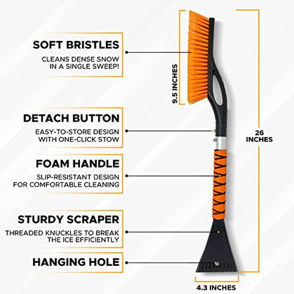 EcoNour 27" Aluminum Snow Brush with Ice Scrapers for Car Windshield and Window (1Pack) | Car Snow Scraper and Brush with Ergonomic Foam Grip Winter Accessories (Orange)