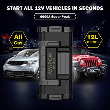 AVAPOW 6000A Car Battery Jump Starter(for All Gas or up to 12L Diesel) 2023 Upgraded Powerful Car Jump Starter with Dual USB Quick Charge and DC Output,12V Jump Pack with Built-in LED Bright Light