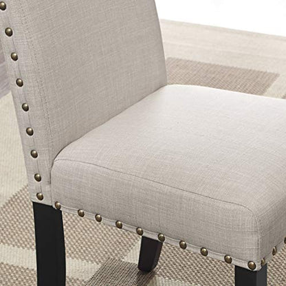 Roundhill Furniture Biony Tan Fabric Dining Chairs with Nailhead Trim, Set of 2, Brown, Tan
