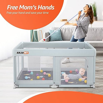 ANJUMY Baby Playpen with Mat Included 50x50 playpen for Babies and Toddlers,Indoor & Outdoor Activity Center,Kids Playpen with Gate,Safety Baby Fence Play Area with 50pcs Ocean Balls,Breathable Mesh