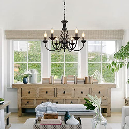 6-Light Farmhouse Candle Chandelier for Living Room, Rustic Industrial Pendant Ceiling Light fixture, Vintage Ceiling Hanging Lamp for Bedroom Hallway Kitchen Dining Room Foyer, Matte Black E12 Socket