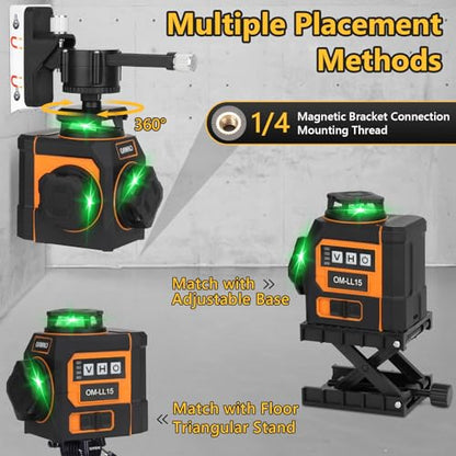 OMMO Laser Level, 12 Lines Green Laser Level 360 Self-leveling, 3x360° 3D Green Cross Line Laser Swivel Level with Rotatable Laser Window Battery and Remote Control