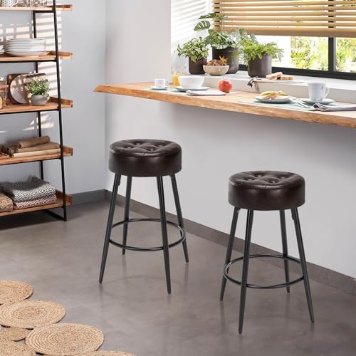 Furniliving 26" Farmhouse Round Leather Bar Stools, Mid-Century Bar Height Kitchen Stools with Footrest for Island Coffee Pub Shop Set of 2
