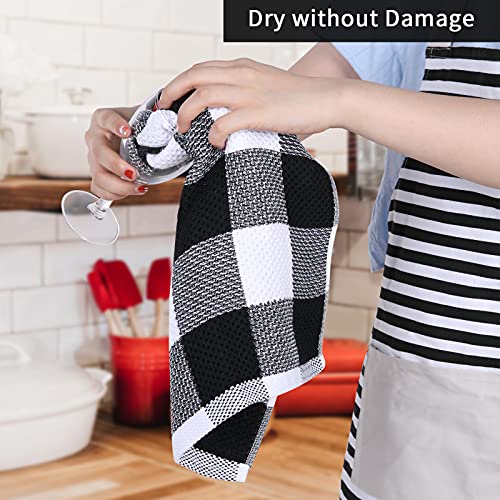 Mordimy 100% Cotton Waffle Weave Kitchen Towels, 13 x 28 Inches, Super Soft and Absorbent Buffalo Check Dish Towels for Drying Dishes, 4-Pack, Black & White