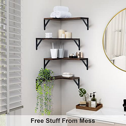Marsmiles Corner Floating Shelves, Corner Wall Shelves Set of 4, Wall Mounted Corner Storage Display Shelving for Bathroom, Bedroom, Living Room, Kitchen, 16" W x 11-2/5" D, L-Shaped, Rustic Brown