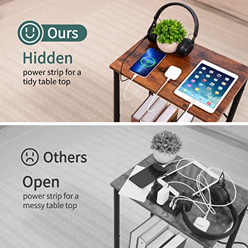 Yoobure Side Table with Charging Station, End Tables Living Room Set of 2, Industrial 2 Tier Nightstand with USB Ports, Rustic Narrow Bedside Table with Storage Shelf for Bedroom, Office, Small Spaces