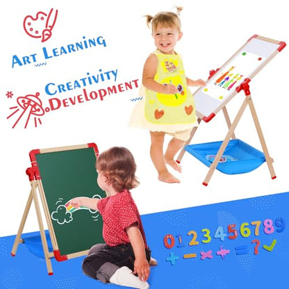 JHTOPJH Art Easel for Kids Magnetic Wooden Double Sided Standing Toddlers Chalkboard - 360°Rotating Easel for Toddler Drawing Christmas Birthday Gift for 2-4 Years 15"x18.9"