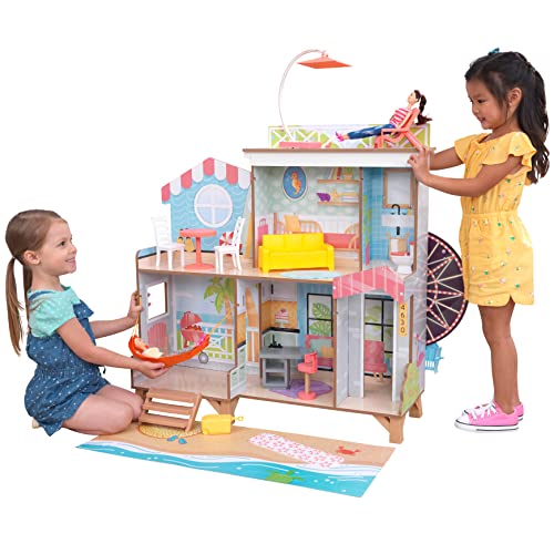 KidKraft Ferris Wheel Fun Beach House Wooden 360-Play Dollhouse with 19 Accessories and EZ Kraft Assembly™, Gift for Ages 3+