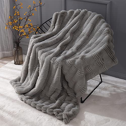 LuxenrelaX Plush Faux Fur Throw Blanket, Elegant Fuzzy Blanket with Water Wave Pattern, Warm Fluffy Blanket for Bed, Couch, Grey, 50x60 inches