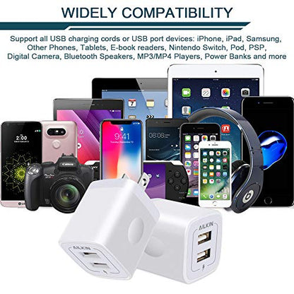 USB Wall Charger, Charger Adapter, AILKIN 2-Pack 2.1A Dual Port Quick Charger Plug Cube for iPhone 14 13 12 11 Pro Max 10 SE X XS 8 Plus Samsung Galaxy S22 S21 S20 Power Block Fast Charging Box Brick