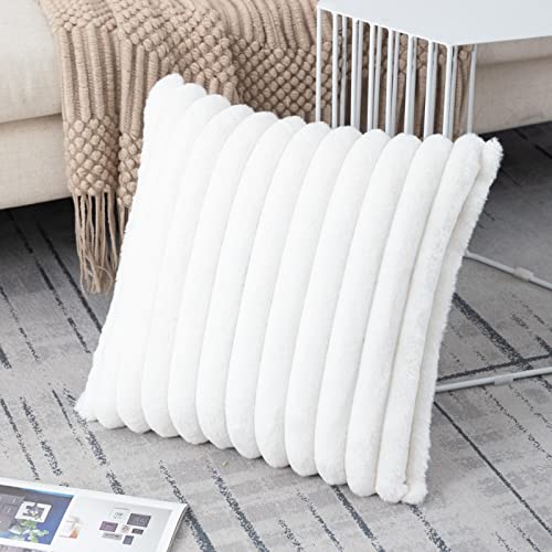 ZLINA Set of 2 Faux Fur Plush Cream White Throw Pillow Covers Fluffy Striped Pillowcase Cushion Covers 16 x 16 Inch Decor Sofa Couch Bedroom