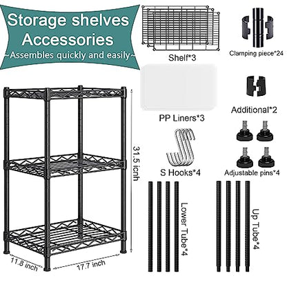Santoy 3 Tier Storage Shelves Adjustable,Rack Metal Shelf Unit for Kitchen, Bathroom, Pantry, Closet, and Bedroom - Strong Steel Wire Organizer (Black, 17.7" L x 11.8" W x 31.5" H)