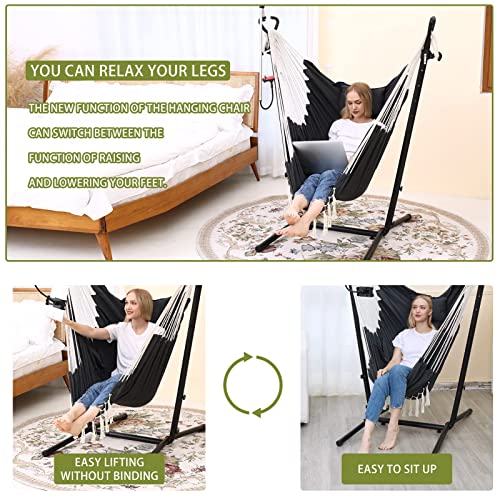 Hammock Chair with Stand Double Hammock Chair Bohemian Style with Tassel Phone Stand Handmade Adjustable Swing Indoor Outdoor Patio Garden Porch with footrest can Lie Down Capacity 400 pounds (Black)