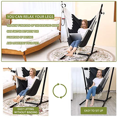 Hammock Chair with Stand Double Hammock Chair Bohemian Style with Tassel Phone Stand Handmade Adjustable Swing Indoor Outdoor Patio Garden Porch with footrest can Lie Down Capacity 400 pounds (Black)