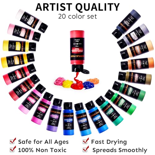 Metallic Acrylic Paint Set with 12 Brushes, Metallic Acrylic Paint Sets with 20 Colors (60ml, 2oz), Acrylic Paint Set for Artists, Beginners on Rocks, Canvas, Wood, Fabric