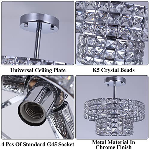 LASENCHOO 4 Lights Modern Crystal Chandeliers for Living Room Kitchen Dining Room Light Fixture, Crystal Flush Mount Ceiling Light Fxiture Brushed Nickel Flush Mount Chandelier G45 Bulbs(Not Include)