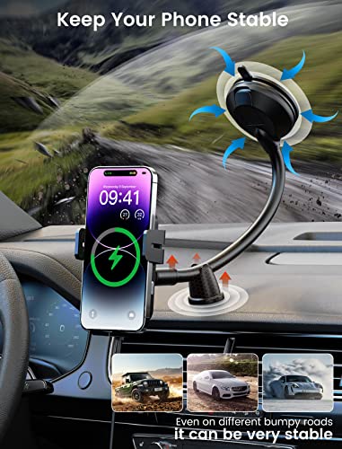Wireless Car Charger, MOKPR 15W Fast Charging Car Mount Auto-Clamping Car Charger, Dashboard Windshield Phone Holder Compatible with iPhone 14/13/13 Pro/12 pro/12/11/X/8, Samsung S23/S22/S10/S9/S8