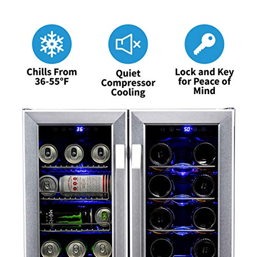 NewAir French Door Wine & Beverage Cooler | 18 Bottle 60 Can | White & Red Wine Countertop Fridge | Stainless Steel Dual Zone Beer and Wine Fridge With Digital Temperature Controls and Key Lock