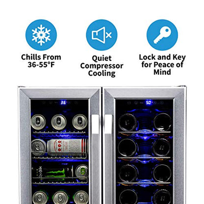 NewAir French Door Wine & Beverage Cooler | 18 Bottle 60 Can | White & Red Wine Countertop Fridge | Stainless Steel Dual Zone Beer and Wine Fridge With Digital Temperature Controls and Key Lock