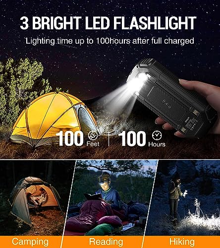 Solar Power Bank 36000mAh,Solar Charger Wireless Built in 3 Cables IPX5 Waterproof Portable Solar External Battery Pack with 3 Input 4 Output 15W USB C Port Camping Flashlight iPhone Samsung Tablet