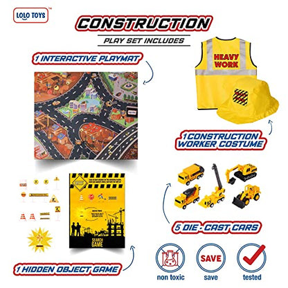 Lolo Toys 20-Piece Construction Truck & Road Play Mat Set: Toy Construction Vehicles & Costume with Hat for Boys & Girls, Includes 5 Small Metal Diecast Construction Vehicle Toys & Search Game