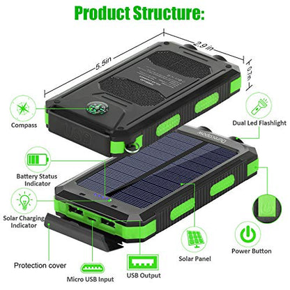 Durecopow Solar Charger, 20000mAh Portable Outdoor Waterproof Solar Power Bank, Camping External Backup Battery Pack Dual 5V USB Ports Output, 2 Led Light Flashlight with Compass (Green)