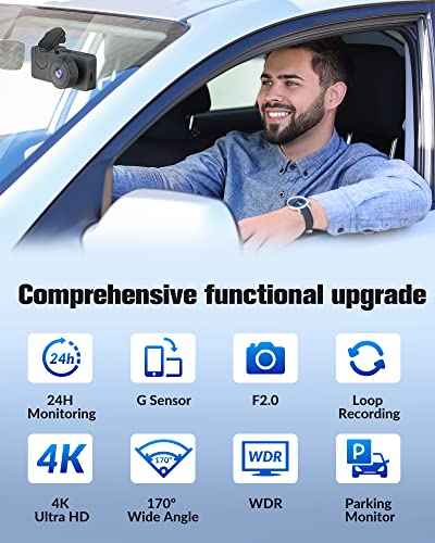 Dash Cam Front and Rear Inside, 4K/2.5K Full HD Dash Camera for Cars with Free 32GB SD Card,Built-in Super Night Vision,170°Wide Angle,WDR, Loop Recording, 24H Parking Mode
