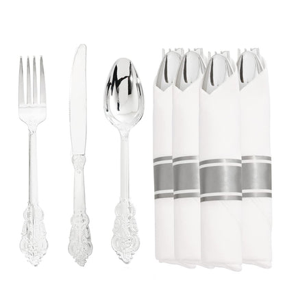 Liacere 30 Pack Silver Plastic Silverware Set with Pre Rolled Napkins - Heavy Duty Disposable Silver Plastic Utensils - Include 90PCS Silver Plastic Cutlery, 30Napkins for Wedding & Party