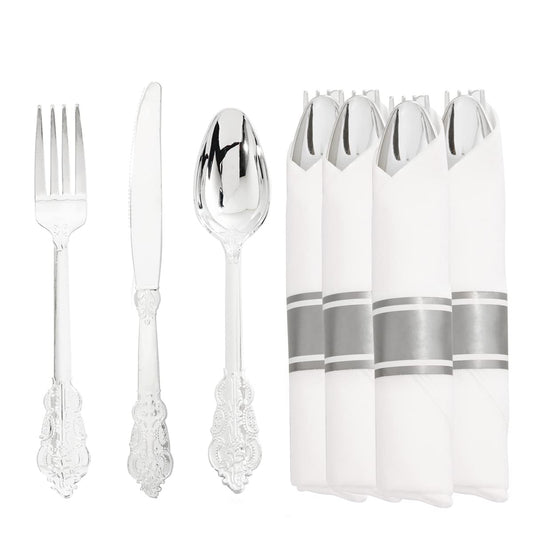 Liacere 30 Pack Silver Plastic Silverware Set with Pre Rolled Napkins - Heavy Duty Disposable Silver Plastic Utensils - Include 90PCS Silver Plastic Cutlery, 30Napkins for Wedding & Party