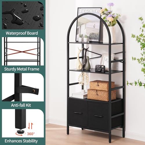 Yoobure Arched Bookshelf with Drawers, 4 Tier Book Shelf Storage Shelves, Industrial Bookcase Book Organizer for Bedroom Office, Tall Metal Bookshelves, Open Book Case Display Standing Shelf Unit