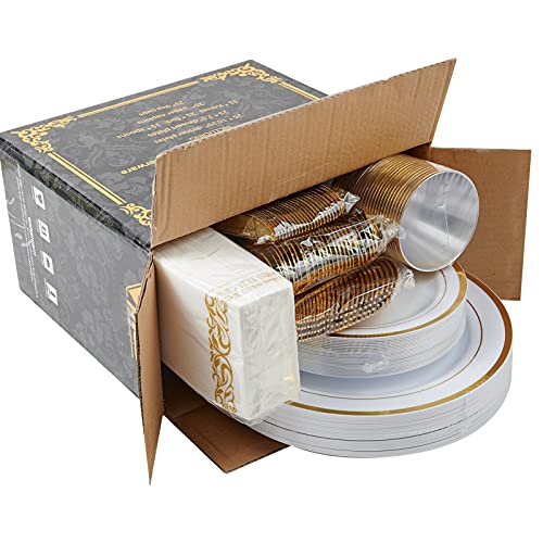 Vplus 175PCS White and Gold Disposable Dinnerware Sets for Wedding Party 25 Guests 25 Dinner Gold Plastic Plates 25 Dessert Plates & 25 Gold Paper Napkins & 25 Gold Plastic Silverware Set