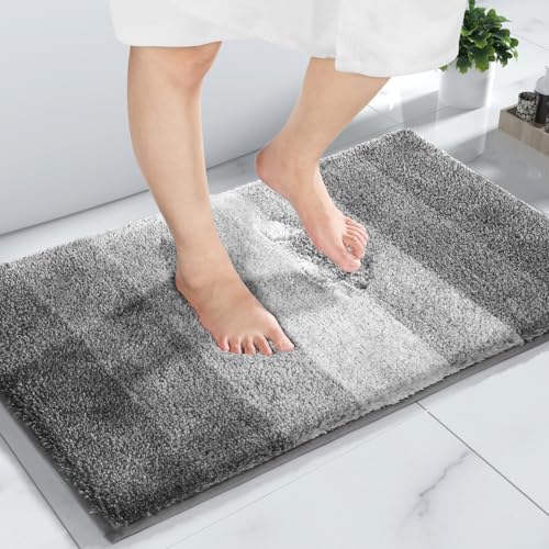 Yimobra Bathroom Rugs Mat, Luxury Soft Comfortable Plush Absorbent Microfiber Bath Rugs, Extra Thick Non Slip Shaggy Shower Rug, Machine Wash, Bath Carpet for Bathroom Floor, Tub, 24"x17", Grey