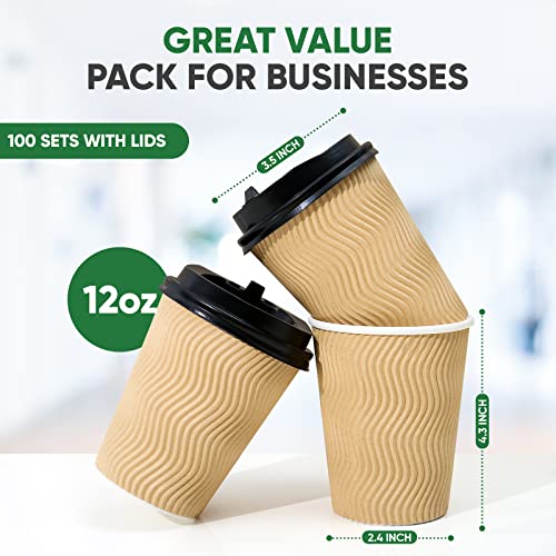 Tobvory Disposable Coffee Cups With Lids, 100 Pack Coffee Cups With Lids 12 Oz, Paper Cups For Hot Drinks, Eco-Friendly Triple Wall Insulated To Go Coffee Cups