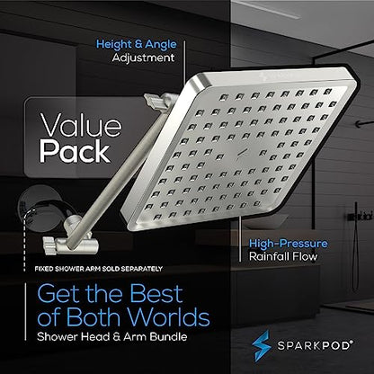SparkPod Square Rain Shower Head with Shower Head Extension Arm - High Pressure Rain - Luxury Modern Look - No Hassle Tool-less 1-Min Installation (11" Shower Arm Extension, Elegant Brushed Nickel)
