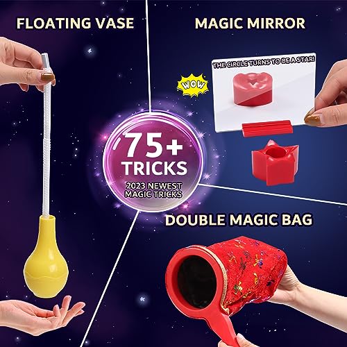 Skirfy Magic Kit-75+ Magic Tricks for Kids Age 6-8,Perfect Magic Toys for Kids,Featuring with Floating Vase,Double Magic Bag,Magic Mirror-Great Easter Gifts for Boys Girls