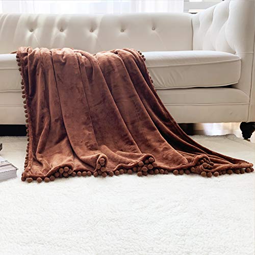 LOMAO Flannel Blanket with Pompom Fringe Lightweight Cozy Bed Blanket Soft Throw Blanket fit Couch Sofa Suitable for All Season (Brown, 51''x 63'')