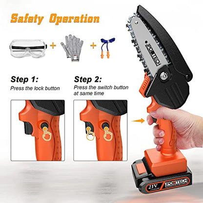 JPOWTECH Mini Chainsaw, Upgraded 4 Inch Cordless Small Chain Saw with 3Pcs Chains & 2Pcs 21V Rechargeable Batteries Portable One Hand Electric Chainsaw for Branch Pruning Tree Trimming Wood Cutting