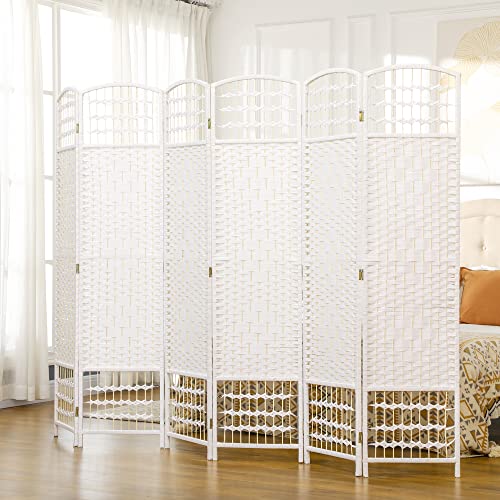 HOMCOM 6 Panel Room Divider, Folding Privacy Screen, 5.6' Room Separator, Wave Fiber Freestanding Partition Wall Divider for Rooms, Home, Office, White