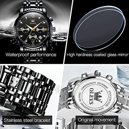 OLEVS Watch Men Watches Fashion Black Luxury Waterproof Multiple Dials Multifunction Watch Waterproof Watch Luminous for Men with Date Watches for Men Black Watch for Men