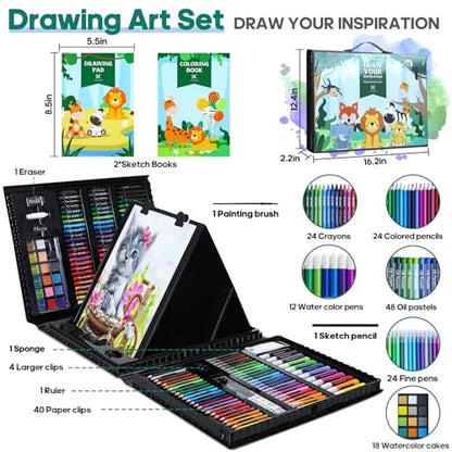 Art Supplies Kit, 276 PCS Art Set for Kids, Art Kits, Art Drawing Kit with Double Sided Trifold Easel Box with Oil Pastels, Crayons, Colored Pencils, Paint Brush, Watercolor Cakes