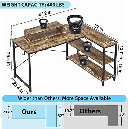 47 INCH L Shaped Computer Desk with Storage, Heavy Duty Home Office Desks with Monitor Stand, Corner Desk for Small Space Bedroom Study Writing Workstation PC Table, Easy to Assemble, Rustic Brown