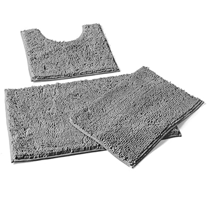 Bathroom Rugs Sets 3 Piece, Includes U-Shaped Contour Toilet Mat, 20 x 30'' and 16 24'' Bath Non-Slip Shaggy Gray Mats Sets, Machine Washable, Light Grey